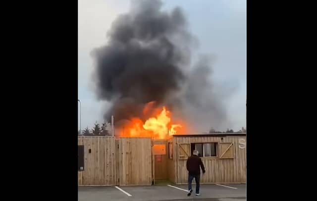 ABOVE: The blaze at the premises, which is located at Sarsfields GAA Club in Newbridge