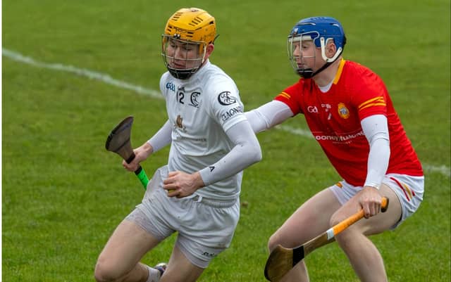 Clane forward Hugh Mulodoon wins possession ahead of Mark Murphy of Davidstown Courtnacuddyin the AIB Leinster Junior Hurling Final, Photo by Sean Brilly
