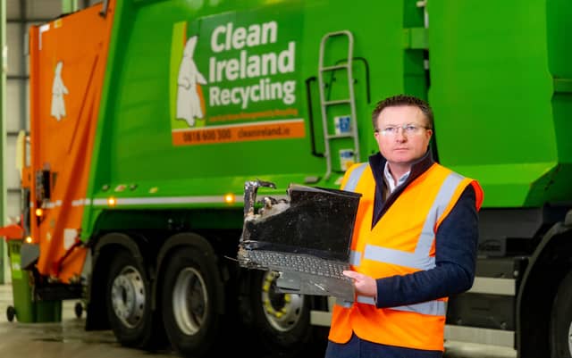 Pictured is Brian Lyons of Clean Ireland Recycling pictured with one of the many electronic items that pose a fire risk if placed in a bin or skip/ Credit: Paul Corey
