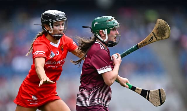 Niamh McPeake of Galway in action against Saoirse McCarthy of Cork during the 2024 Camogie All-Ireland Senior Camogie Championship final | PICTURES: Sportsfile