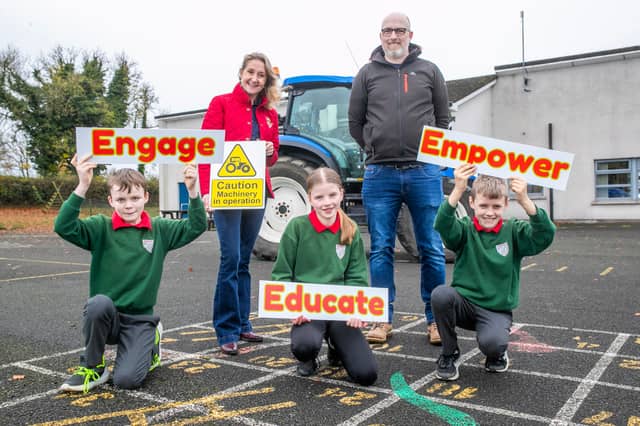 (L-R) Joshua Barker, Alma Jordan, founder of Agrikids, Leah McCullagh, John Murphy, Mentor from Farmers4Safety, and Aaron McCreery