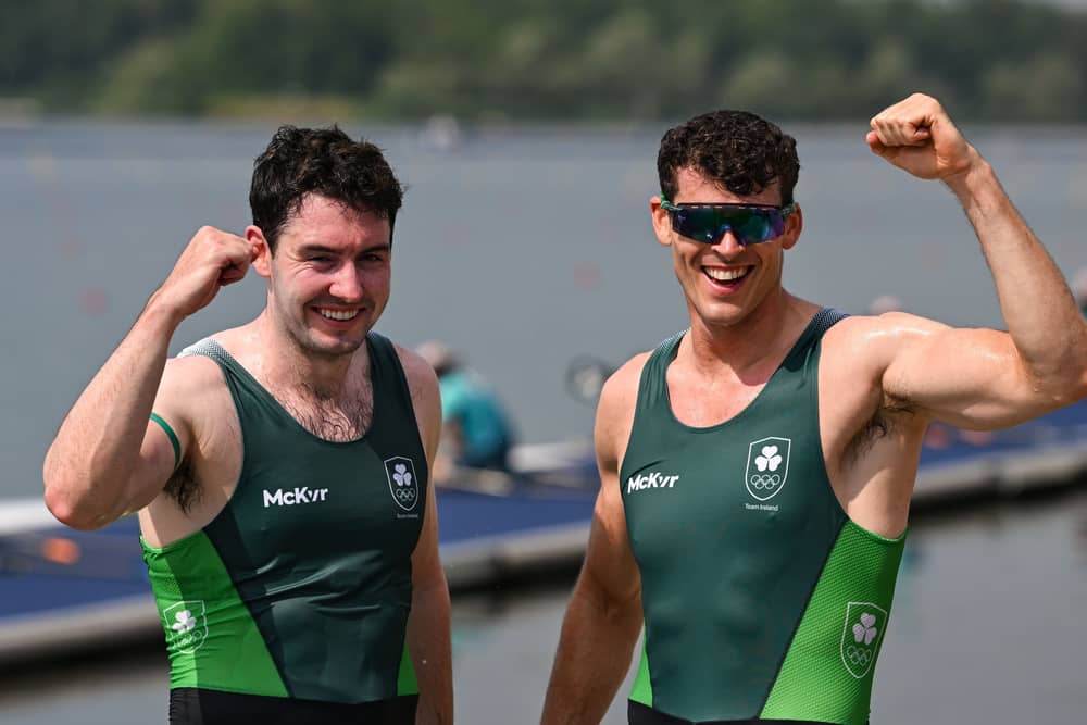 Philip Doyle and Daire Lynch of Team Ireland celebrate after winning bronze in the men's double sculls A final during the 2024 Paris Summer Olympic Games. Photo: Stephen McCarthy/Sportsfile