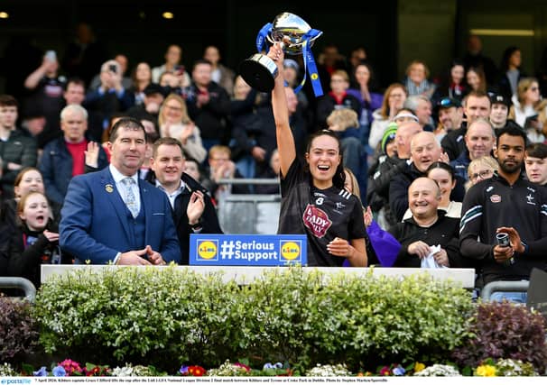 Kildare captain Grace Clifford lifts the cup after the Lidl LGFA National League Division 2 final match between Kildare and Tyrone at Croke Park in Dublin. Photo by Stephen Marken/Sportsfile