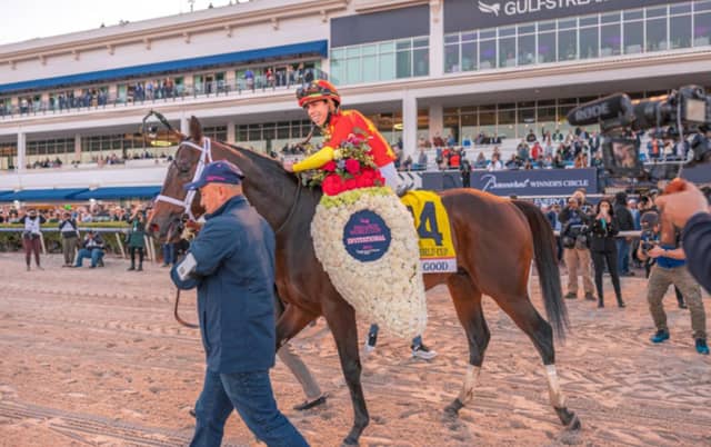 Life is Good and jockey Irad Ortiz Jr winning the Pegasus World Cup in 2022 (Courtesy Pegasus World Cup)
