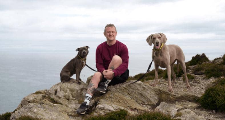 PJ Gallagher with his dogs Wendy and Stella at the launch of ‘Not Just a Dog’, a new campaign by Dogs Trust Ireland . Photo: ©Fran Veale