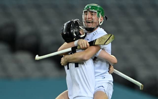 Kildare players Jack Sheridan, right, and Brian Byrne celebrate after the Christy Ring Cup Final match between Down and Kildare at Croke Park in Dublin. Photo by Piaras Ó Mídheach/Sportsfile