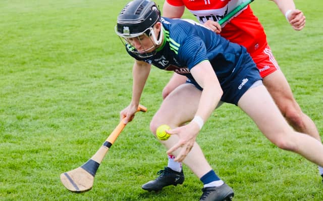 Brian Byrne gathers the sliother in the Christy Ring clash against Derry in St Conleth's Park, Newbridge. Photo: Sean Brilly