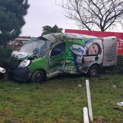 A badly damaged commercial vehicle from this morning's collision. Remarkably, no one sustained serious injuries