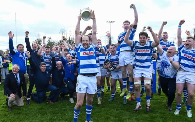 Craig Miller captain of Athy RFC lifts the cup after the Bank of Ireland Provincial Towns Cup Final match between Athy RFC and Tullow RFC at Edenderry RFC, Photo by Matt Browne/Sportsfile
