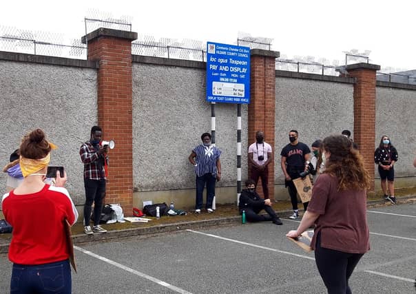 Romario Halaoui speaking at the Black Lives Matter demonstration in Newbridge on Saturday, June 13