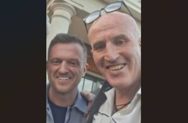 (LEFT) Far-right figure Stephen Christopher Yaxley-Lennon, also known as Tommy Robinson, posing for a photograph with Cllr Tom McDonnell (RIGHT)