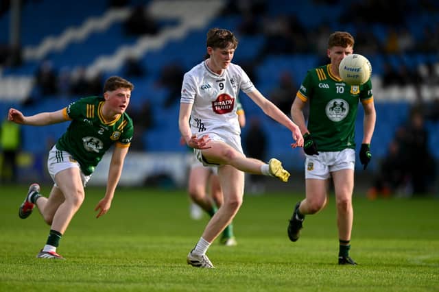 Páidí Ryan of Kildare kicks a point during the Electric Ireland Leinster GAA Football Minor Championship final match between Meath and Kildare at Laois Hire O'Moore Park in Portlaoise. Photo by Tyler Miller/Sportsfile