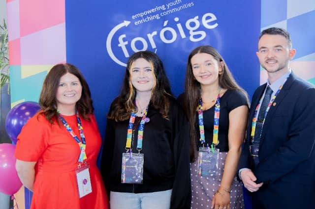 Bernie Meally (Southeast Area Manager) with Youth MC’s Teagan Emmett
(Castlecomer Foróige) and Niamh Allen (Narraghmore Foróige Club) and Wayne
Travers (Foróige Chairperson)