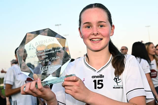 Player of the Match Kildare's Anna Dillon with her award after the 2026 AirNav Ireland All-Ireland U-16 A Championship final match between Cavan and Kildare at Páirc Chiarain in Westmeath. Photo by Seb Daly/Sportsfile
