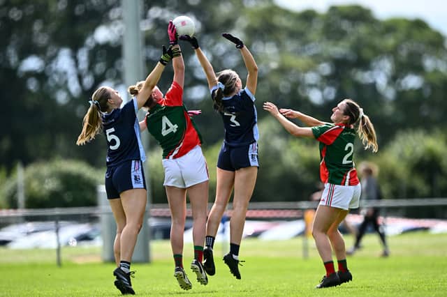 Action from Suncroft (Kildare) versus Moyle Rovers (Tipperary) in the Senior competition at the 2025 O'Neills All-Ireland Club 7s competitions at Naomh Mearnóg GAA Club in Portmarnock, Dublin. Photo by Piaras Ó Mídheach/Sportsfile