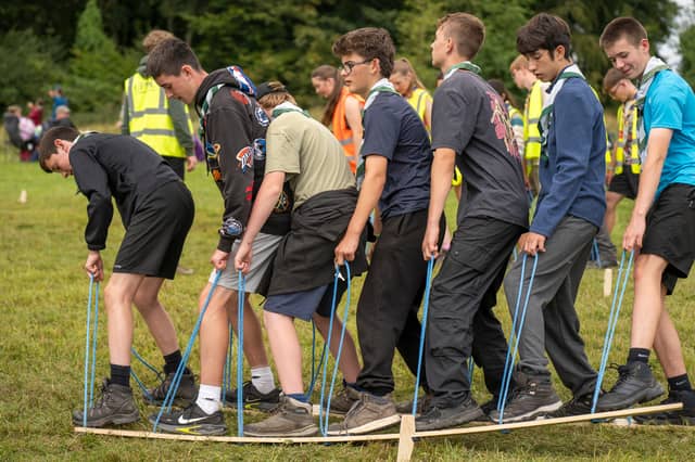 Scouts take part in a team challenge during Phoenix Challenge 2026, Scouting Ireland's premier outdoor skills and adventure competition, held at Castle Saunderson International Scout Centre, Co. Cavan