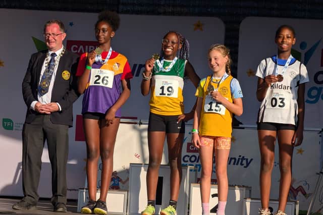 O'Jane Bangura with her bronze medal after success in the U12 200m