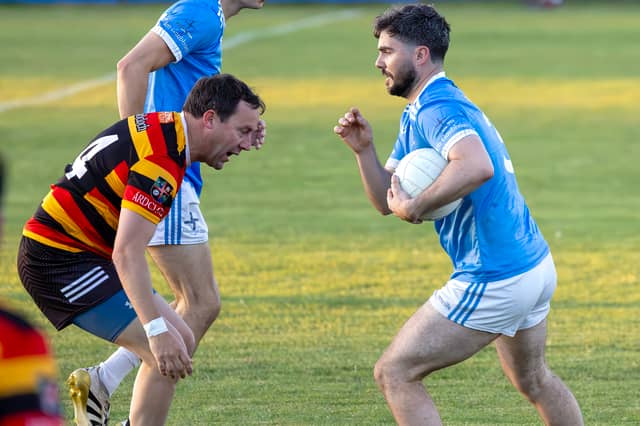 Athgarvan full-back Calum Sourke and Conor Mortimer of Ardclough in action in the 2026 Kildare JFC