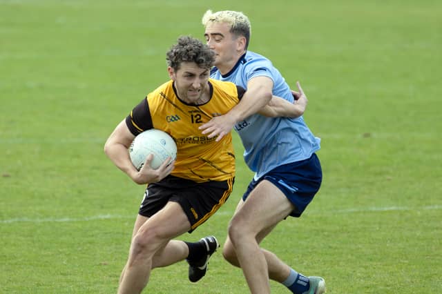 Clogherinkoe forward Cein McMonagle holds of the challenge from Daragh Jameson of Eadestwon in their SFC Round 1 meeting