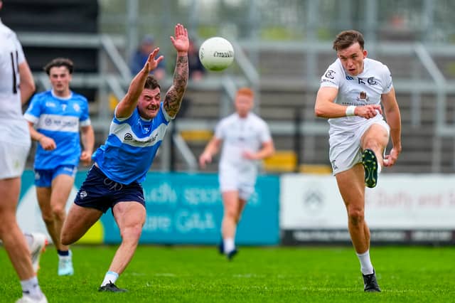 Clane forward Brian McLoughlin kicking a score in the second half against Allenwood in Kildare SFC Round 2