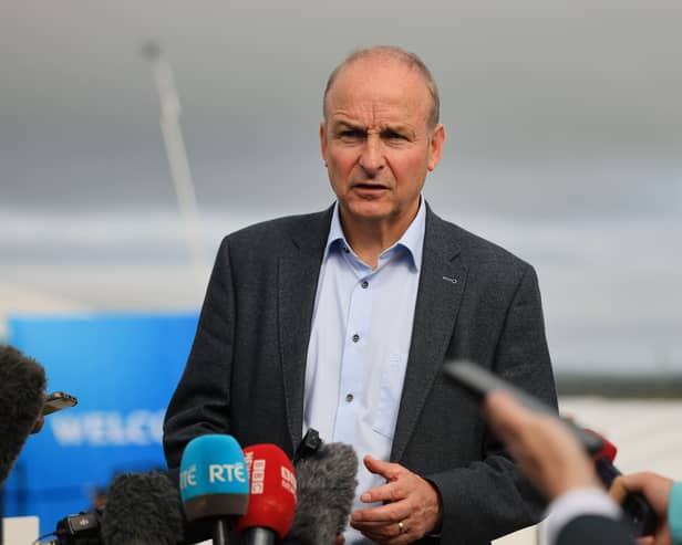 Taoiseach Micheal Martin speaking to the media during a visit by US President Donald Trump