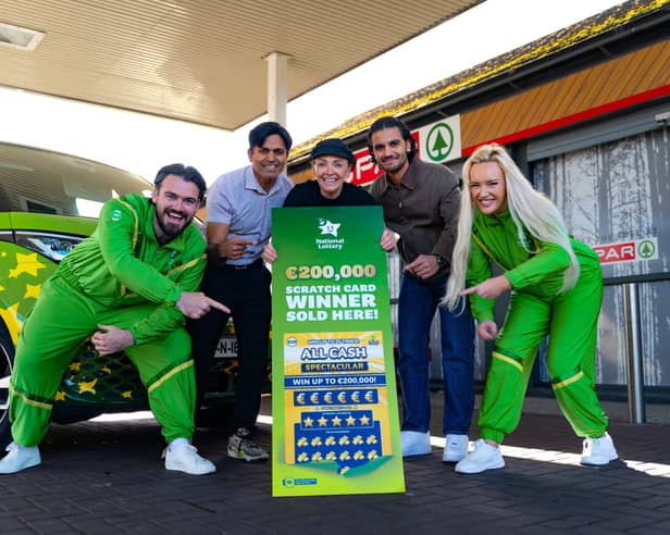 Spar Athy staff pictured alongside The National Lottery Winnies as Spar Service Station, Woodstock Street, Athy, Co. Kildare sold a winning All Cash Spectacular Scratch Card top prize worth €200,000