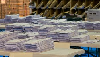 Stacks of General Election ballot papers at the Kildare Count Centre in Punchestown (Photo: Tony Keane)