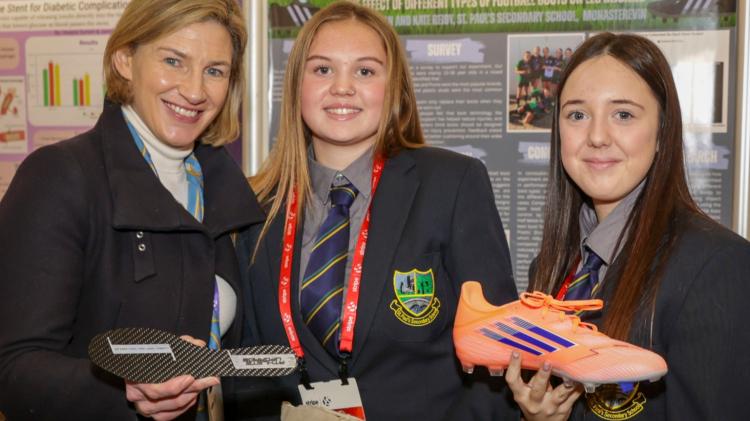 tand 2601 At the Stripe Young Scientist & Technology Exhibition, Nina Carberry, MEP and students Lauren Ryan and Kate Reidy from St Pauls Secondary School in Kildare, with their project