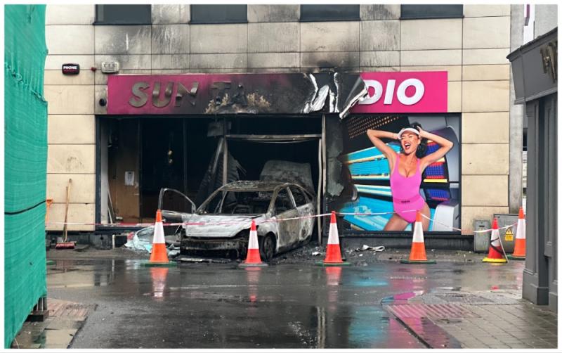 Gardaí investigate after car ploughs into premises and catches fire near Kildare-Carlow border