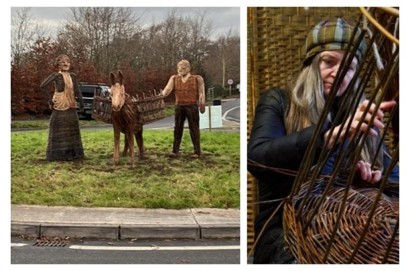 Artist Beth Murphy (right) and the sculpture she created in Rathangan 