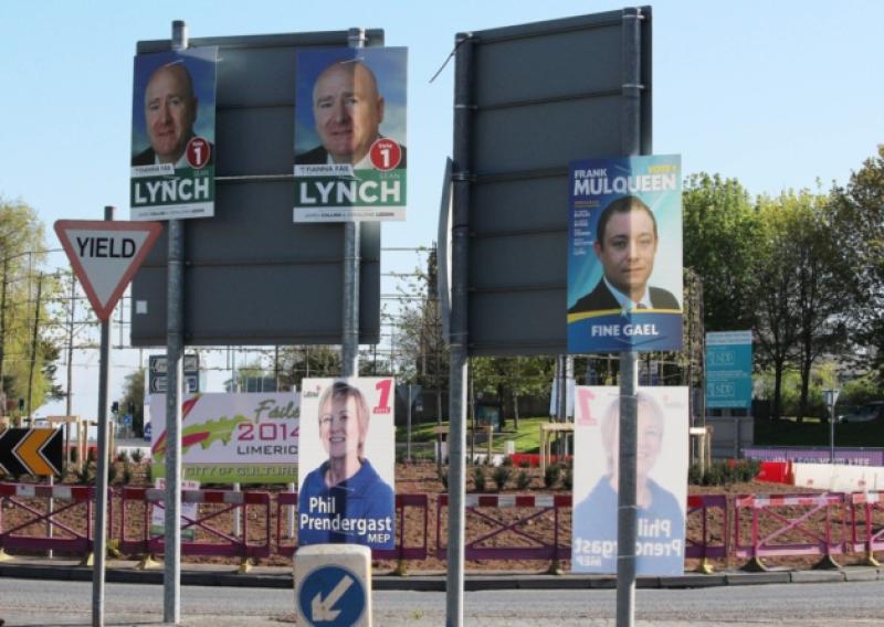 Some of the posters which were erected last week at the Raheen Roundabout ahead of this year's local and European elections, which take place on May 23