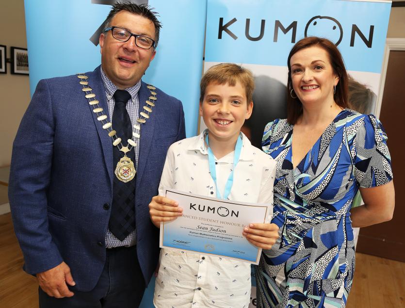 Sean Judson with Mayor Martin Miley and Colette Murran (Kumon Kildare Director)