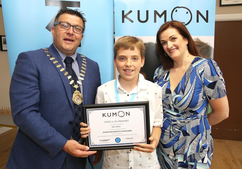 Sean Judson with Mayor Martin Miley and Colette Murran (Kumon Kildare Director)