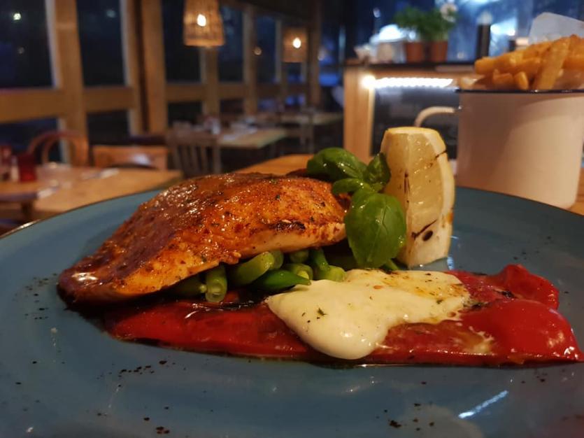Cajun Grilled Salmon, charred sweet pepper, green beans and mozzarella