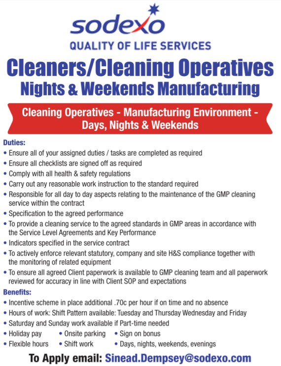 JOBS Cleaning staff being hired for different shifts Kildare Now