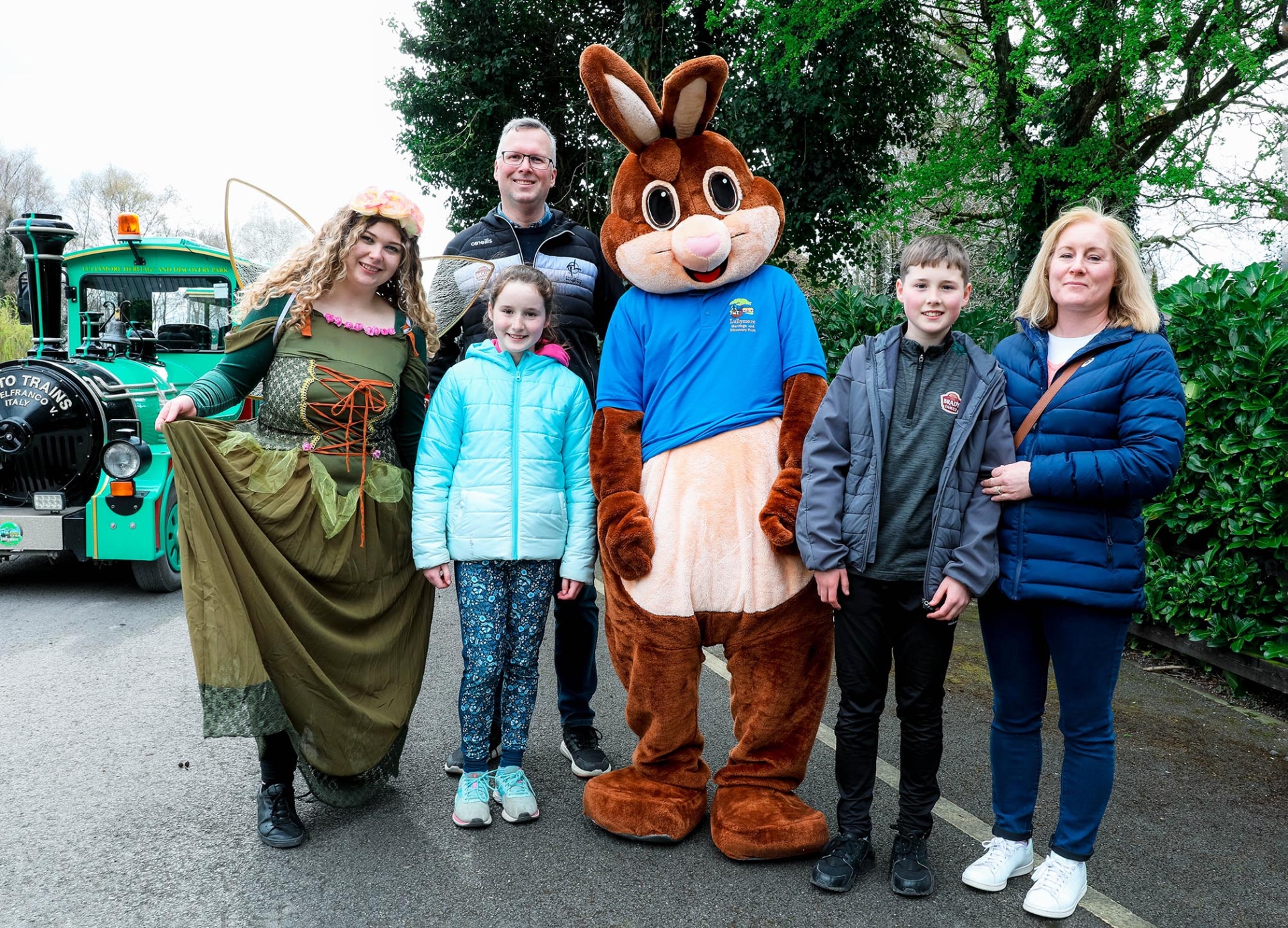 Jer, Roisin, Aileen and John Mather with the Easter Bunny and Maeve the Lullymore Fairy