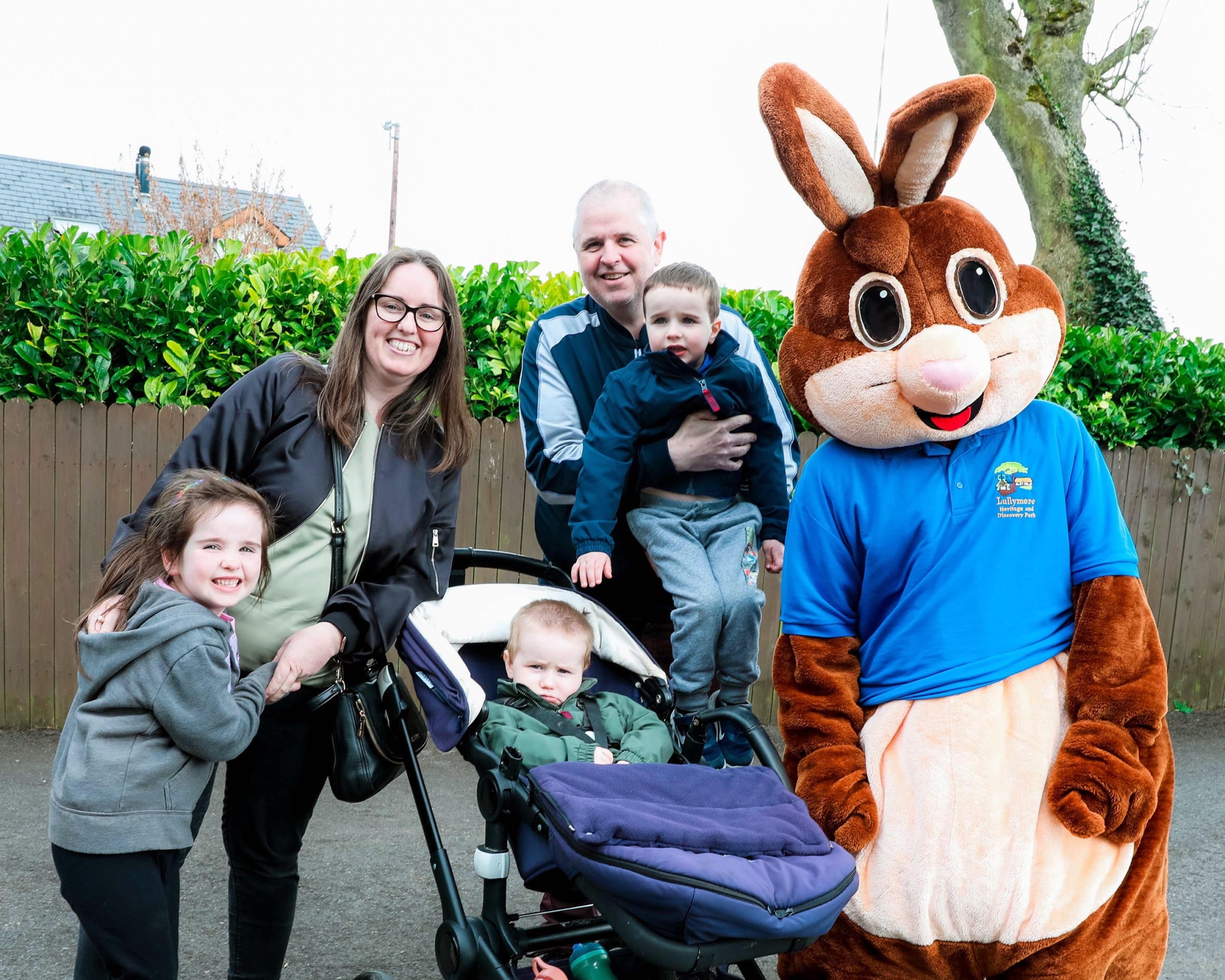 Donna, Eamon, Méabh, Cathal and Oisin McMaugh with the Easter Bunny
