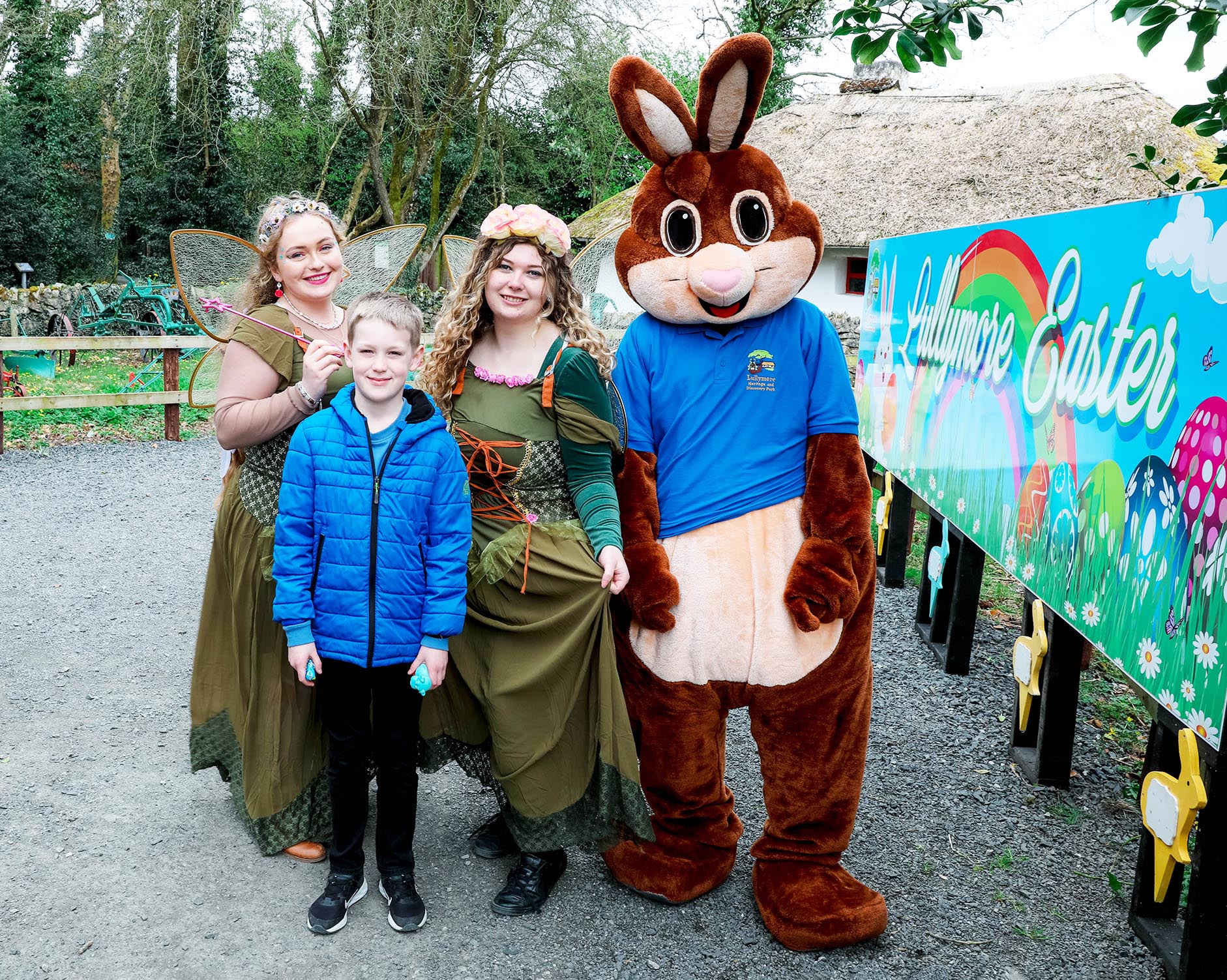 Charlie Moore pictured with the Easter Bunny, Princess Maeve and Princess Aine at Lullymore Heritage and Discovery Park
