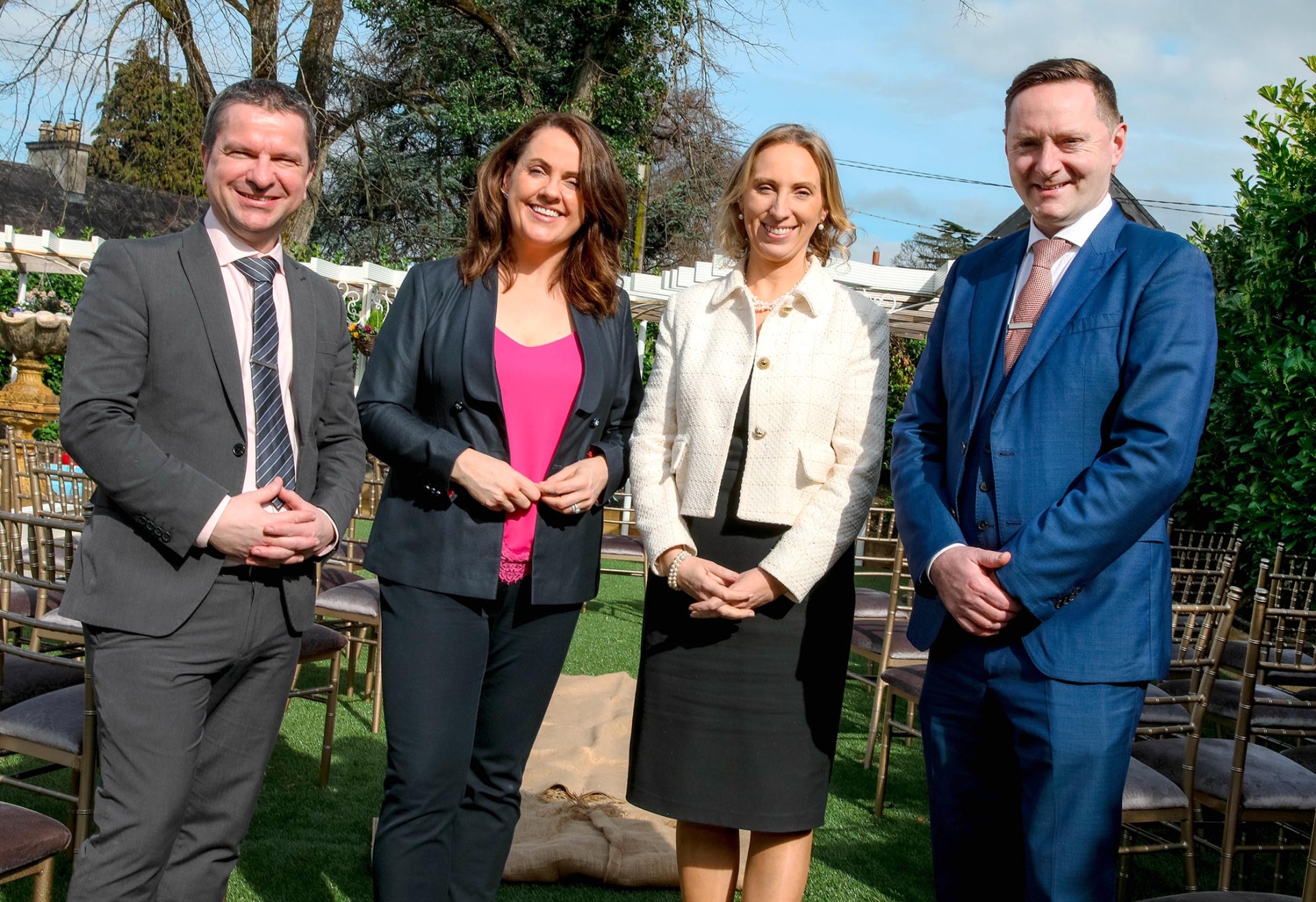Stephen Beggs (Lawlor's Wedding Manager), Ruth Scott (Classic Hits Radio presenter and Solemniser), Dee Nix (CEO) and Liam Corr (Hotel Manager) pictured at Lawlor’s of Naas Wedding Showcase 
