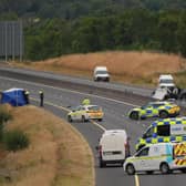 The scene on the M9 northbound at Junction 3 in Co Kildare where five people died and others have been seriously injured after a head-on collision between two cars.